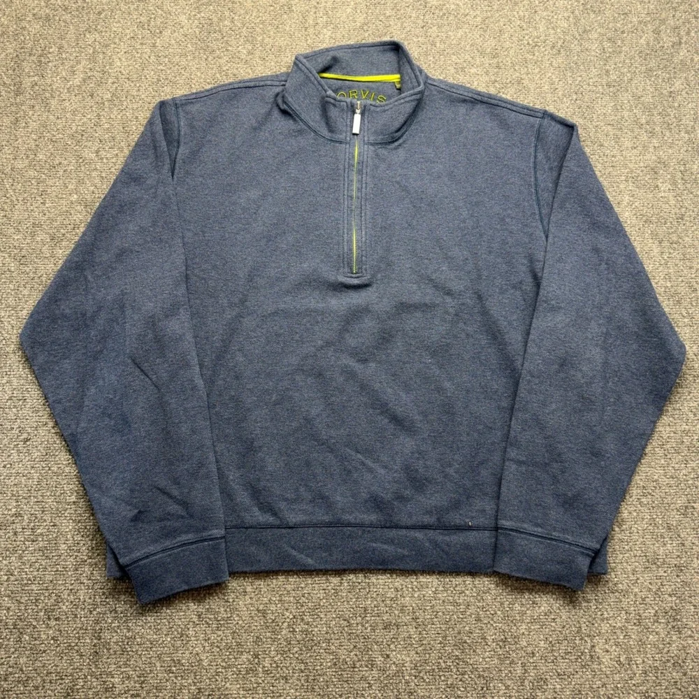 Orvis Mens Blue Quarter Zip Pullover Sweater XL Mock Neck Lime Trim
